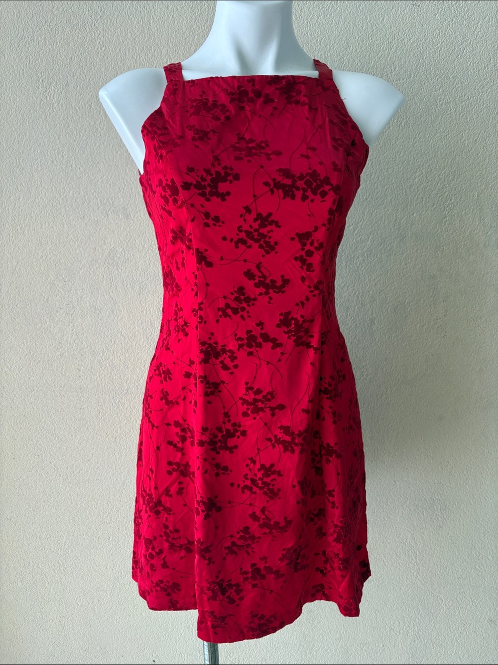Red Floral Velvet-Overlay Mini Dress